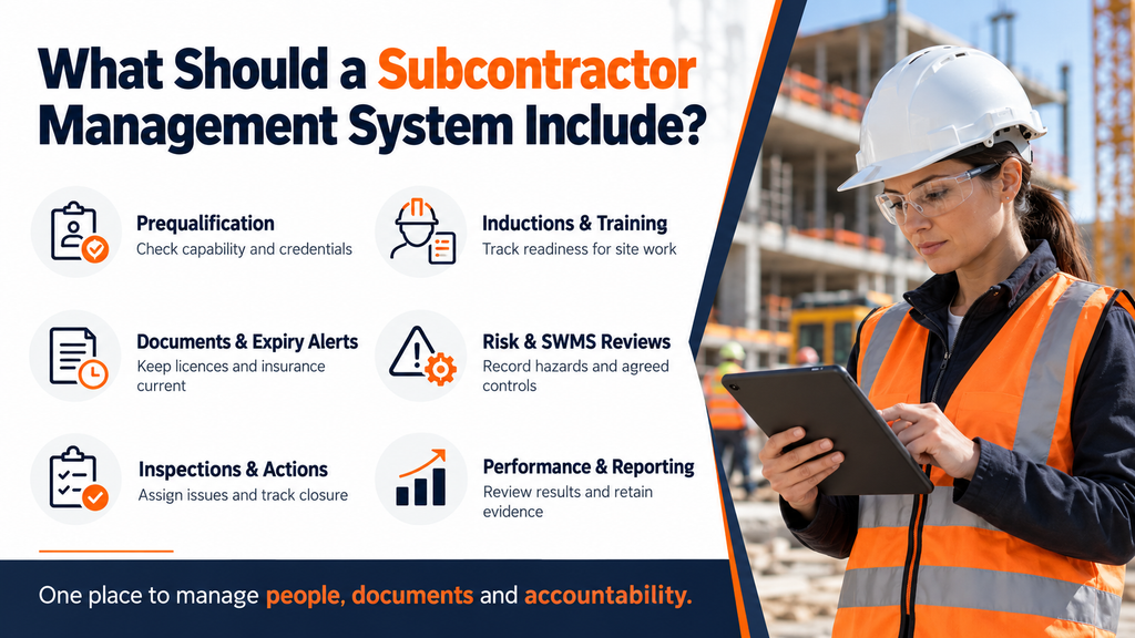 infographic explaining What Should a Subcontractor Management System Include?